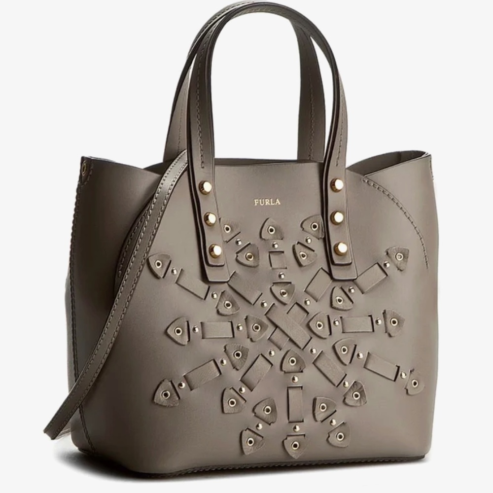 Nwt Furla Grey Leather Mini Tote Gold Hardware Designer Bag Elegant Structured